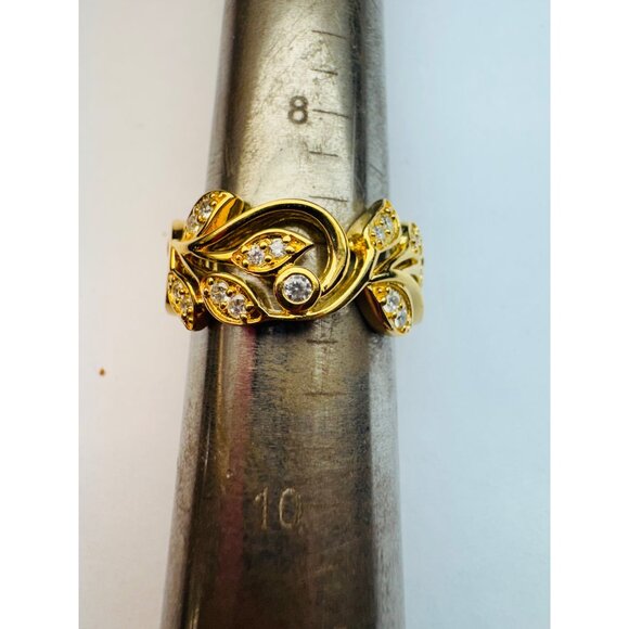 Estate Gold Over 925 Silver Leaf Band Ring w/ CZ Accents, Size 9, 6.3g Vintage - Picture 6 of 10